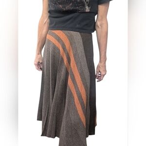 Vintage 70s Clyde Wool Midi Skirt Brown Rust Stripe ILGWU Size 9/10 Boho Fall